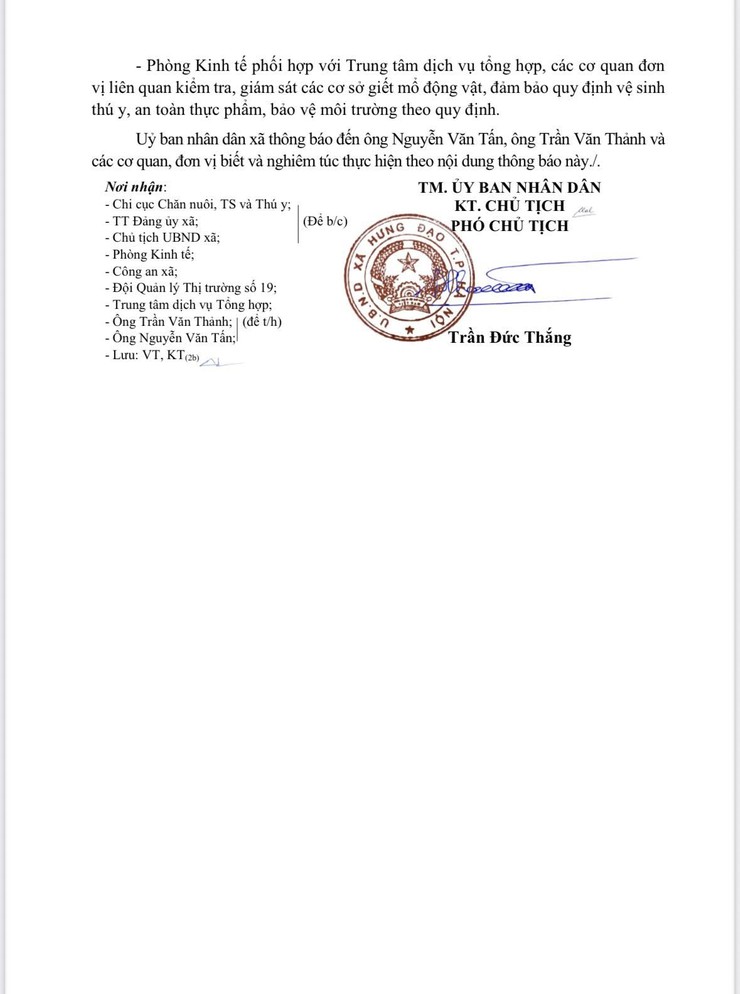 THÔNG BÁO
Về việc chấm dứt hoạt động giết mổ gia súc của hộ ông Trần Văn Thảnh và hộ ông Nguyễn Văn Tấn cùng địa chỉ: Thôn Đại Tảo, xã Hưng Đạo- Ảnh 2.