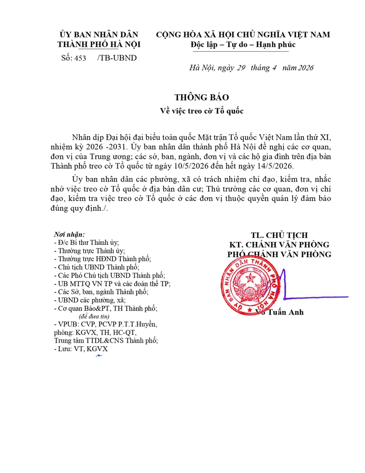 Thông báo 453/TB-UBND ngày 29/4/2026 của UBND Thành phố Hà Nội về việc treo cờ Tổ quốc nhân dịp Đại hội đại biểu toàn quốc Mặt trận Tổ quốc Việt Nam lần thứ XI, nhiệm kỳ 2026-2031- Ảnh 1.
