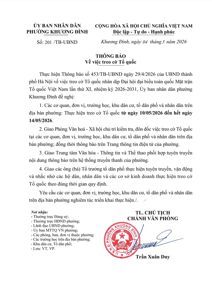 Thông báo treo cờ Tổ quốc chào mừng Đại hội đại biểu toàn quốc Mặt trận Tổ quốc Việt Nam lần thứ XI- Ảnh 1.