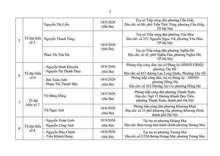 Thông báo lịch tiếp công dân tháng 5, 6 năm 2026 của các vị đại biểu HĐND Thành phố thực hiện theo Tổ đại biểu HĐND Thành phố khóa XVII, nhiệm kỳ 2026-2031- Ảnh 2.