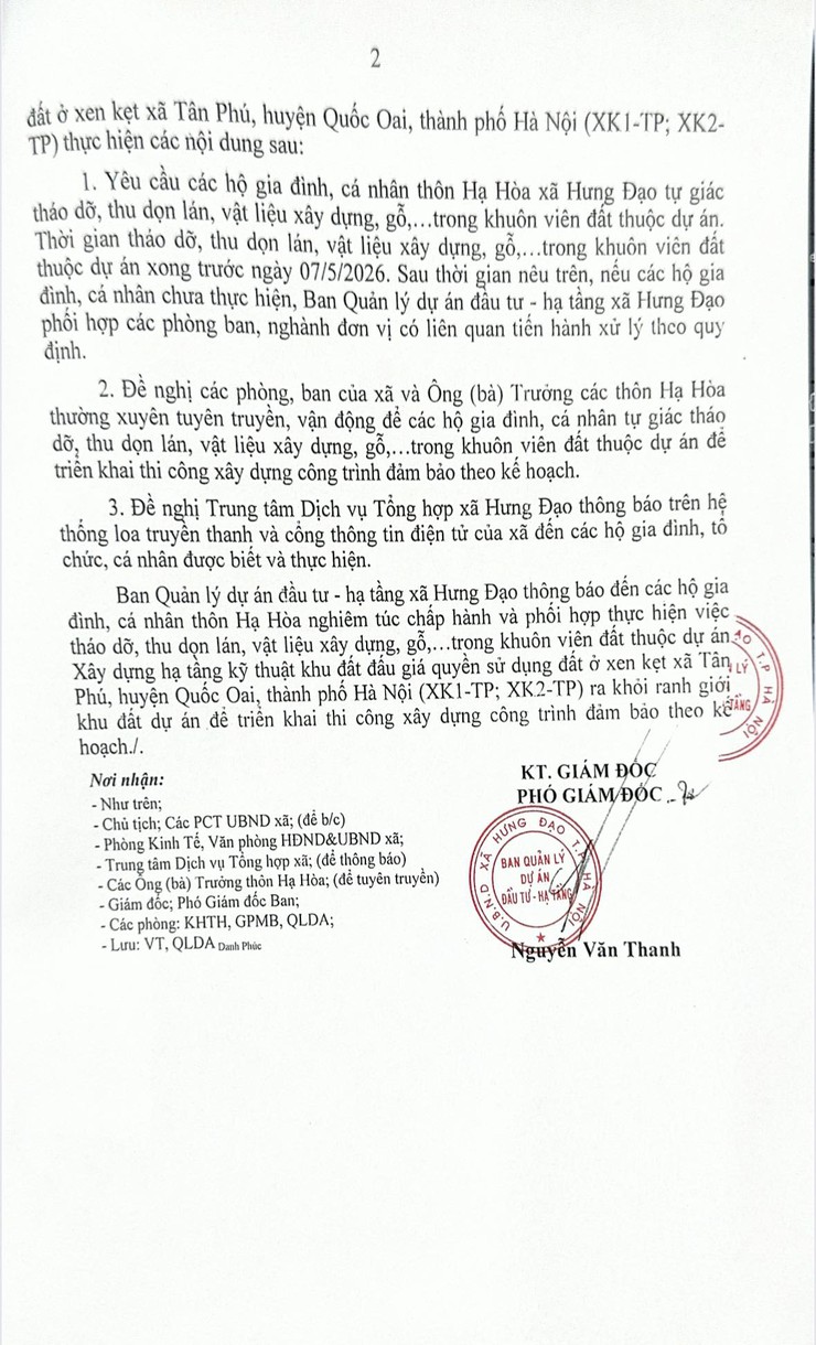 THÔNG BÁO
Về việc tháo dỡ, thu dọn lán, vật liệu xây dựng, gỗ... trong khuôn viên đất thuộc dự án: Xây dựng hạ tầng kỹ thuật khu đất đấu giá quyền sử dụng đất ở xen kẹt xã Tân Phú, huyện Quốc Oai, thành phố Hà Nội (XK1-TP; XK2-TP).- Ảnh 2.