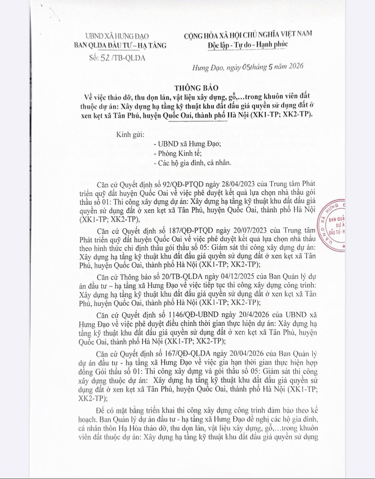 THÔNG BÁO
Về việc tháo dỡ, thu dọn lán, vật liệu xây dựng, gỗ... trong khuôn viên đất thuộc dự án: Xây dựng hạ tầng kỹ thuật khu đất đấu giá quyền sử dụng đất ở xen kẹt xã Tân Phú, huyện Quốc Oai, thành phố Hà Nội (XK1-TP; XK2-TP).- Ảnh 1.