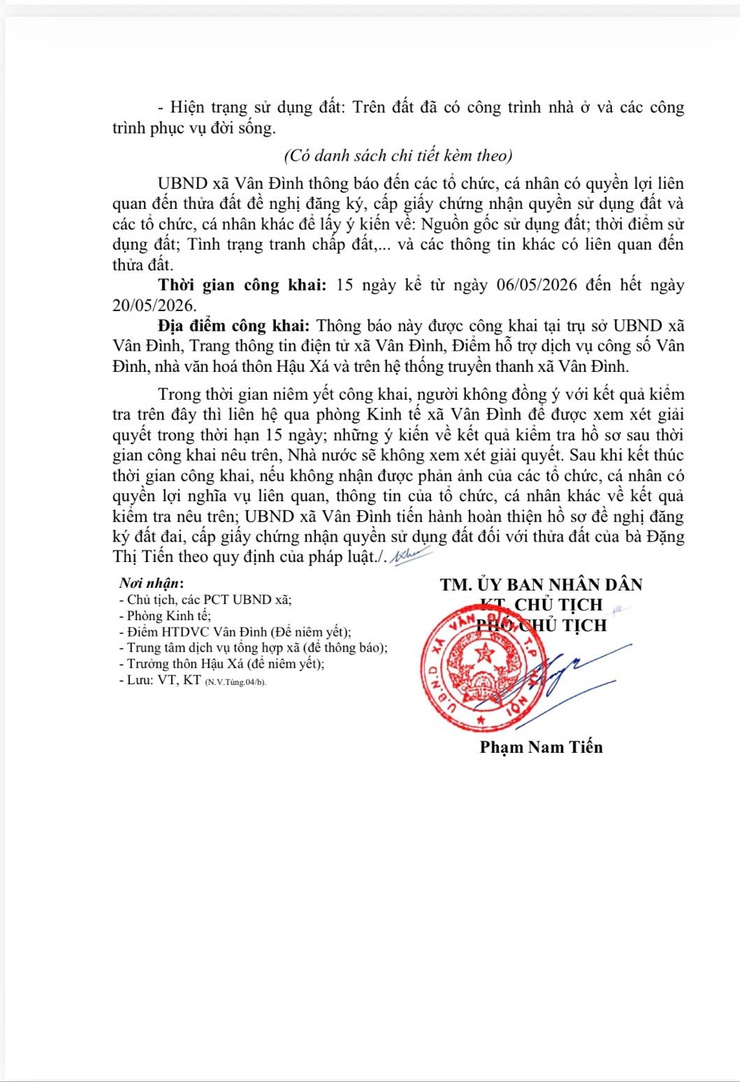 Thông báo về việc niêm yết công khai hồ sơ đăng ký đất đai, cấp giấy chứng nhận quyền sử dụng đất, quyền sở hữu tài sản gắn liền với đất đối với bà Đặng Thị Tiến,
địa chỉ thửa đất tại thôn Hậu Xá, xã Vân Đình- Ảnh 2.