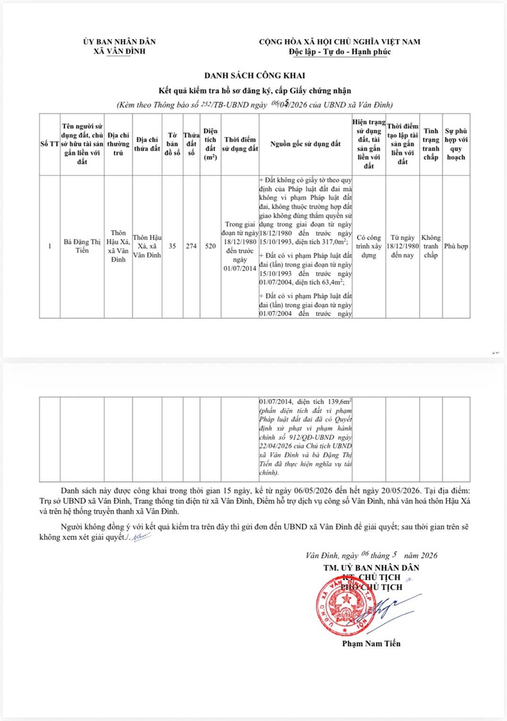 Thông báo về việc niêm yết công khai hồ sơ đăng ký đất đai, cấp giấy chứng nhận quyền sử dụng đất, quyền sở hữu tài sản gắn liền với đất đối với bà Đặng Thị Tiến,
địa chỉ thửa đất tại thôn Hậu Xá, xã Vân Đình- Ảnh 3.