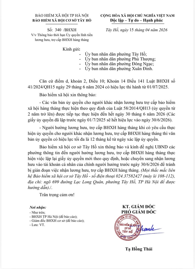 Bảo hiểm xã hội cơ sở Tây Hồ thông báo thời hạn ủy quyền lĩnh lương hưu, trợ cấp BHXH hằng tháng- Ảnh 2.