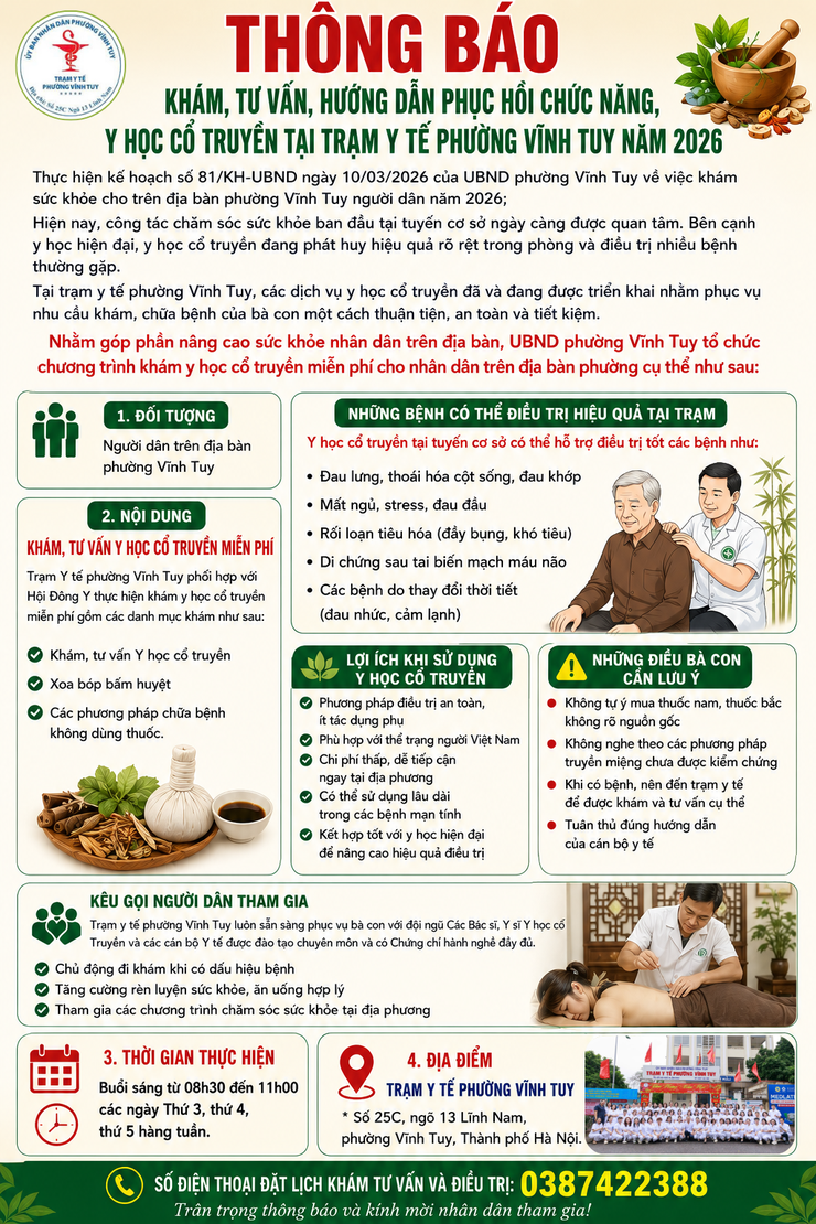 THÔNG BÁO KHÁM, TƯ VẤN, HƯỚNG DẪN PHỤC HỒI CHỨC NĂNG, Y HỌC CỔ TRUYỀN TẠI TRẠM Y TẾ PHƯỜNG VĨNH TUY NĂM 2026- Ảnh 1.