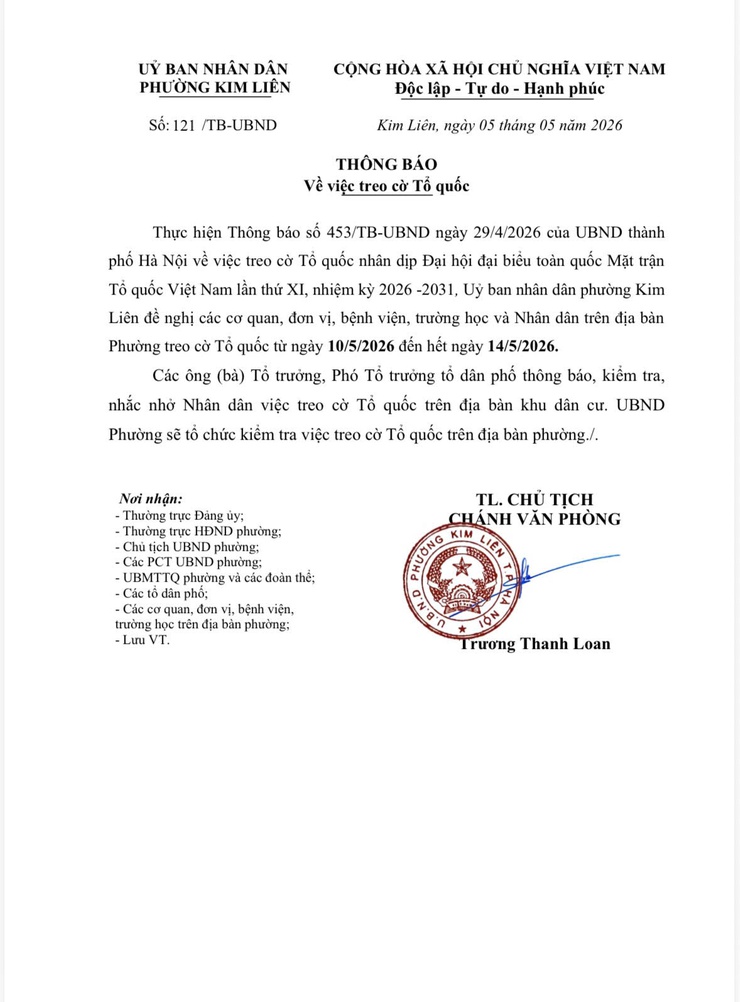 Phường Kim Liên: thông báo về việc treo cờ Tổ quốc- Ảnh 1.