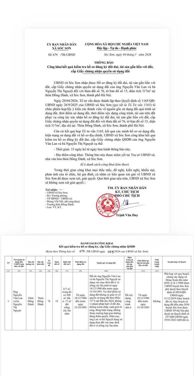 THÔNG BÁO CÔNG KHAI KẾT QUẢ KIỂM TRA HỒ SƠ BÀ NGUYỄN VĂN LAN ĐỒNG DÀNH- Ảnh 1.