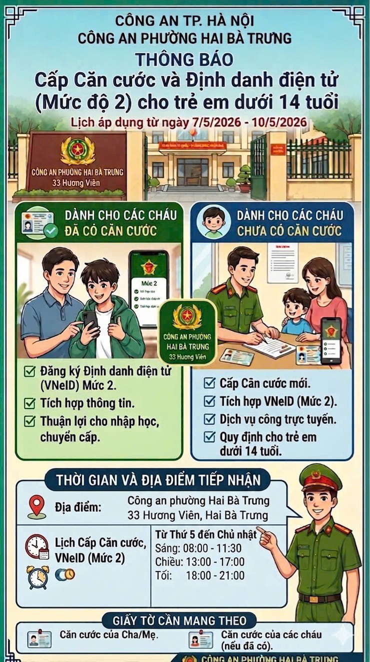 Công an phường Hai Bà Trưng: Thông báo Lịch cấp căn cước và định danh điện tử (mức độ 2) cho trẻ em dưới 14 tuổi.- Ảnh 1.
