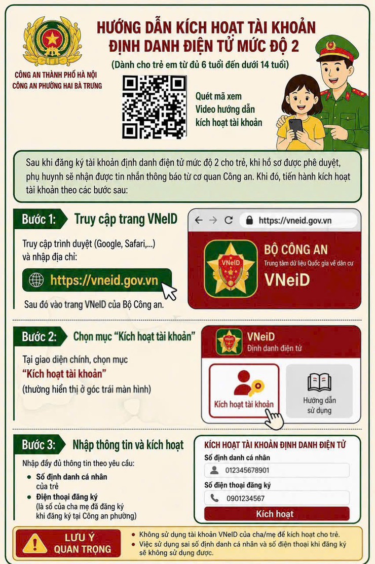 Công an phường Hai Bà Trưng: Hướng dẫn kích hoạt tài khoản định danh điện tử mức độ 2 (dành cho trẻ em từ đủ 6 tuổi đến dưới 14 tuổi).- Ảnh 1.