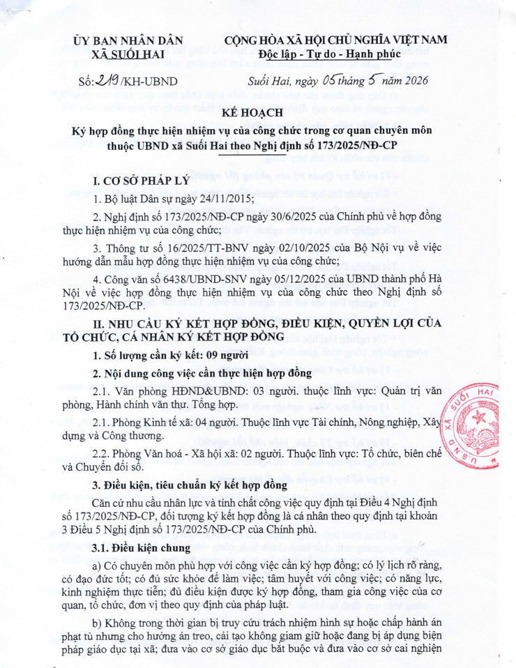 Kế hoạch ký hợp đồng thực hiện nhiệm vụ của công chức trong cơ quan chuyên môn thuộc UBND xã Suối Hai theo Nghị định số 173/2025/NĐ-CP- Ảnh 1.