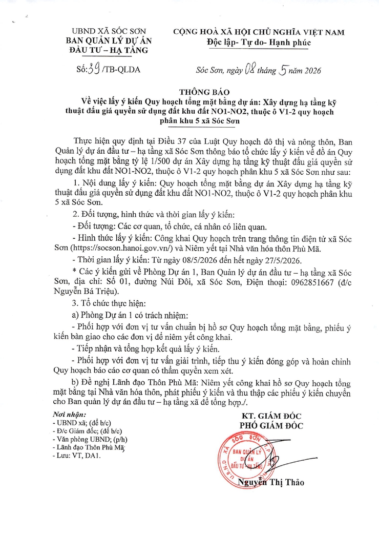 XÃ SÓC SƠN TỔ CHỨC LẤY Ý KIẾN QUY HOẠCH TỔNG MẶT BẰNG DỰ ÁN: XÂY DỰNG HẠ TẦNG KỸ THUẬT ĐẤU GIÁ QUYỀN SỬ DỤNG ĐẤT KHU ĐẤT NO1-NO2, THUỘC Ô V1-2 QUY HOẠCH PHÂN KHU 5 XÃ SÓC SƠN- Ảnh 1.