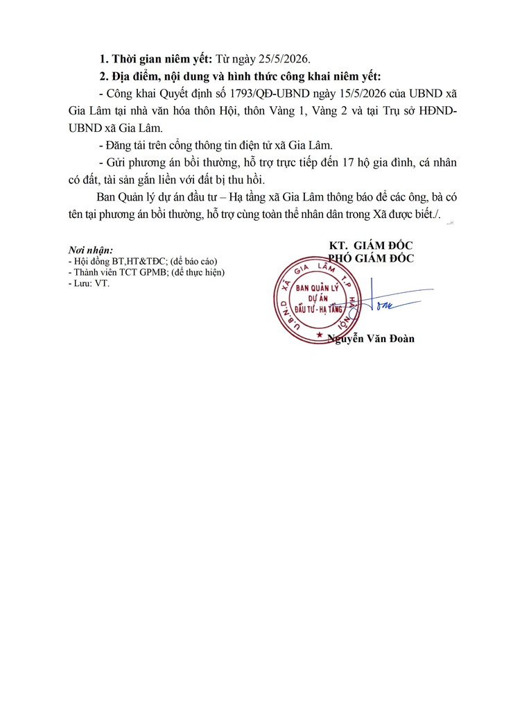 Công khai Quyết định phê duyệt phương án bồi thường, hỗ trợ của 17 hộ gia đình, cá nhân khi Nhà nước thu hồi đất để thực hiện dự án Xây dựng tuyến đường đê hữu đuống đoạn dốc Lời - Đặng Xá đến xã Lệ Chi, huyện Gia Lâm- Ảnh 2.