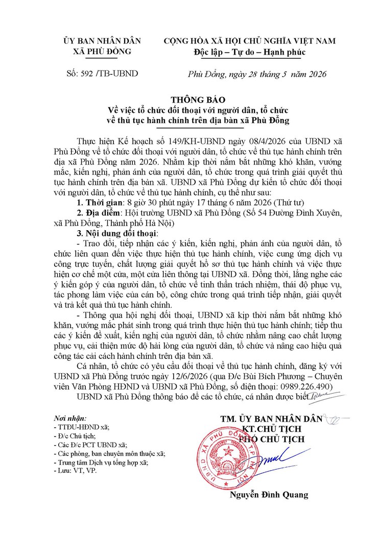 Thông báo tổ chức đối thoại với người dân, tổ chức về thủ tục hành chính trên địa bàn xã Phù Đổng- Ảnh 1.