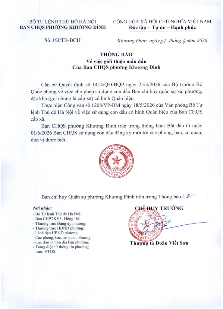 Ban CHQS phường Khương Đình thông báo sử dụng mẫu dấu mới từ ngày 01/6/2026- Ảnh 1.