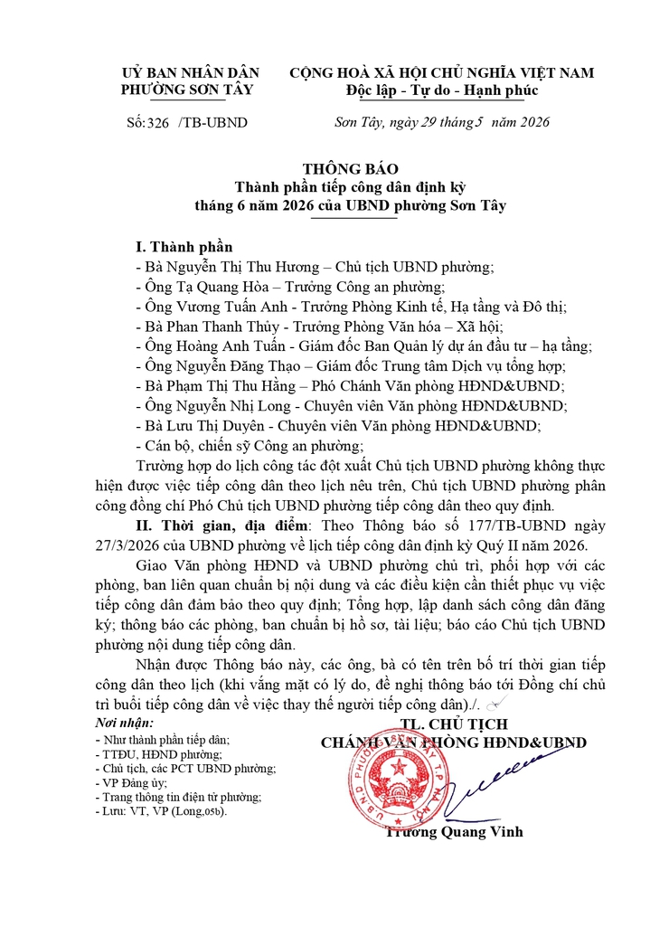 Thông báo Thành phần tiếp công dân định kỳ
tháng 6 năm 2026 của UBND phường Sơn Tây- Ảnh 1.