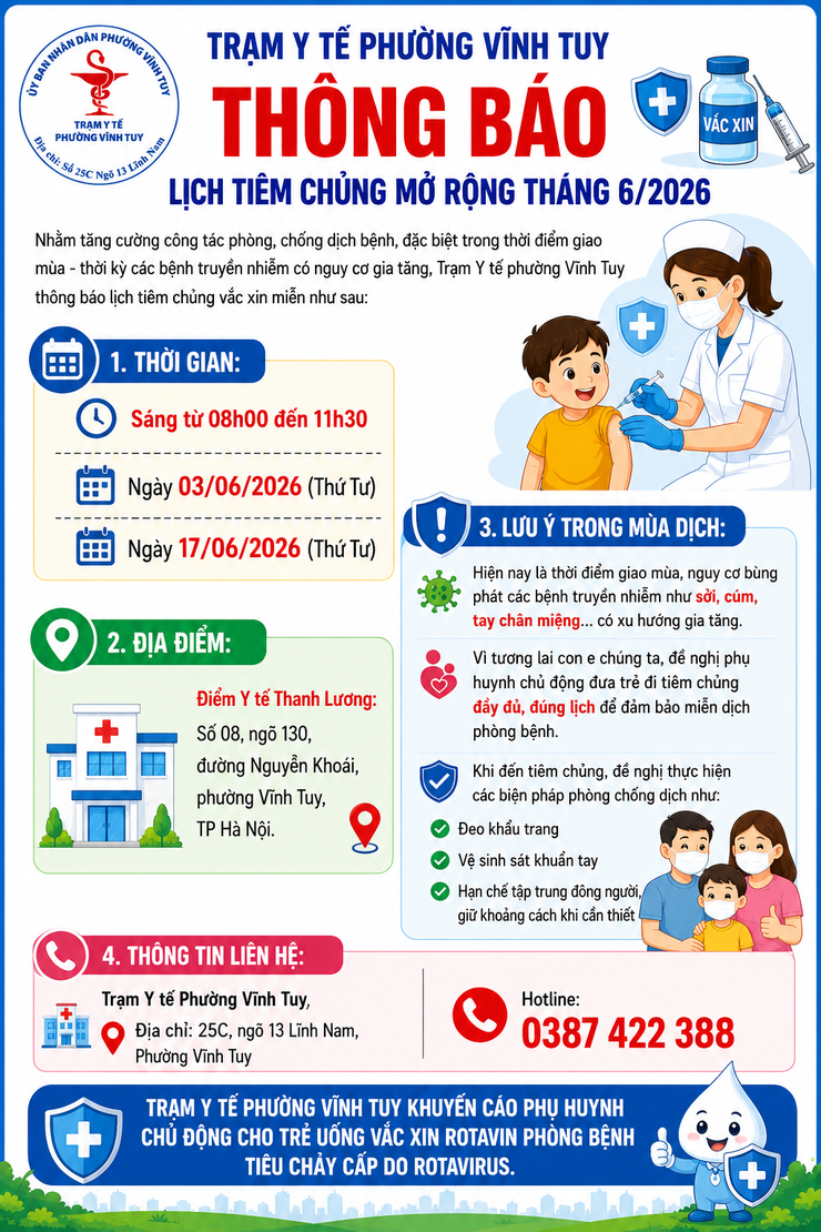THÔNG BÁO
LỊCH TIÊM CHỦNG MỞ RỘNG THÁNG 6/2026- Ảnh 1.