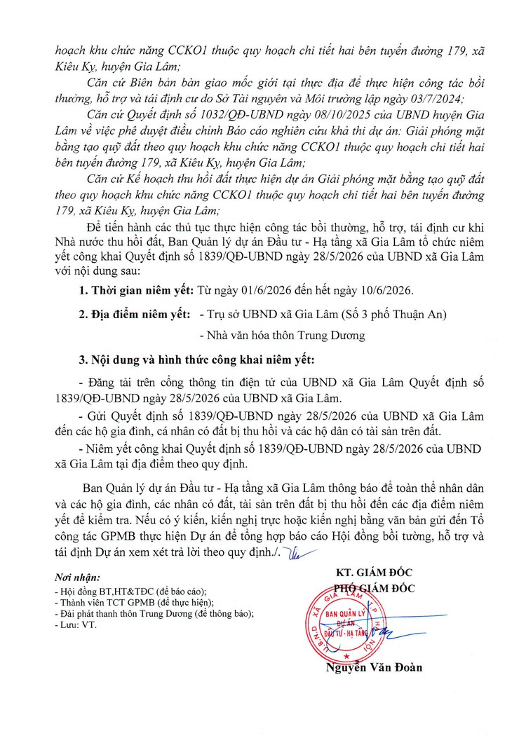 Công khai Quyết định số 1839/QĐ-UBND ngày 28/5/2026 của UBND xã Gia Lâm về phê duyệt phương án bồi thường, hỗ trợ đối với 85 hộ gia đình, cá nhân tại thôn Trung Dương để thực hiện dự án Giải phóng mặt bằng- Ảnh 2.