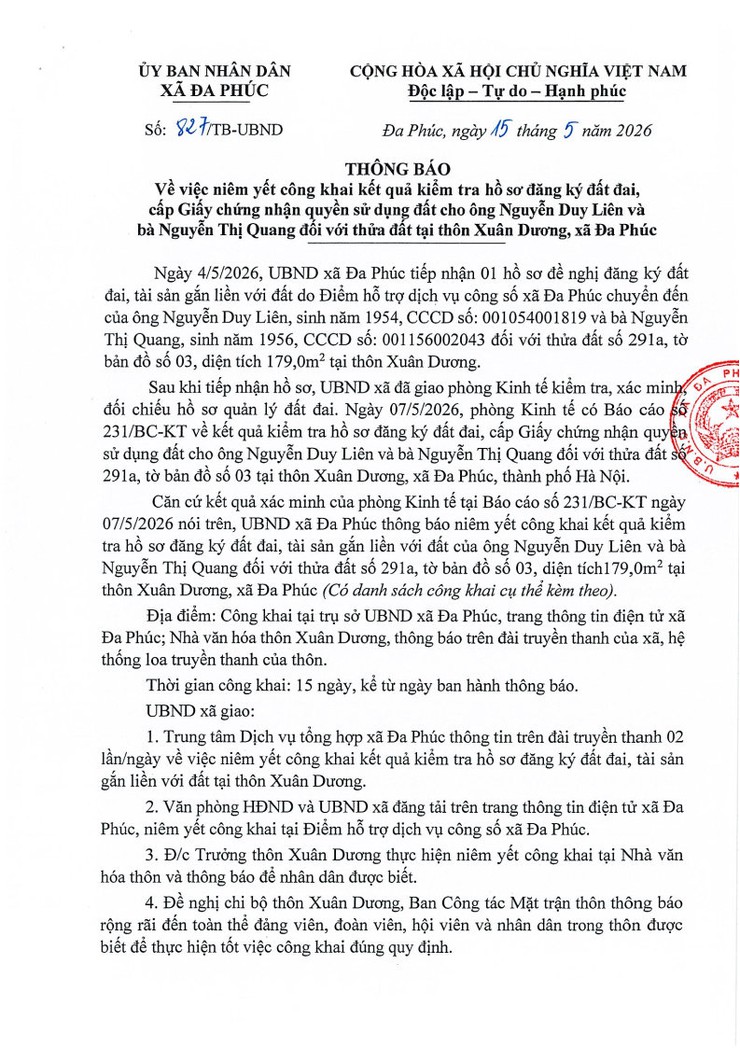 UBND xã Đa Phúc: Thông báo Niêm yết công khai kết quả kiểm tra hồ sơ đăng ký đất đai, cấp Giấy chứng nhận quyền sử dụng đất cho ông Nguyễn Duy Liên và bà Nguyễn Thị Quang đối với thửa đất tại thôn Xuân Dương, xã Đa Phúc- Ảnh 1.