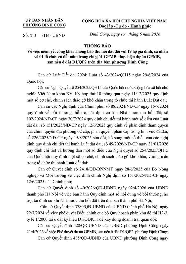 Thông báo về việc niêm yết công khai thông báo thu hồi đất đối với 19 hộ gia đình, cá nhân và 01 tổ chức có đất nằm trong chỉ giới  GPMB  thực hiện dự án GPMB, san nền ô đất D1/QP2 trên địa bàn phường Định Công- Ảnh 1.