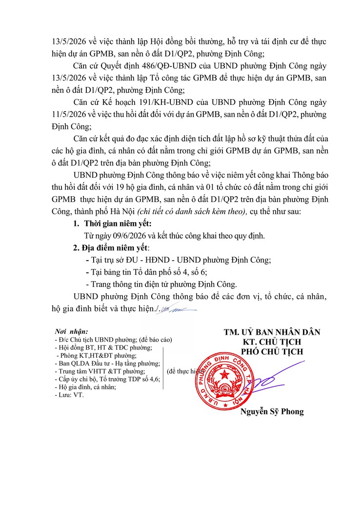 Thông báo về việc niêm yết công khai thông báo thu hồi đất đối với 19 hộ gia đình, cá nhân và 01 tổ chức có đất nằm trong chỉ giới  GPMB  thực hiện dự án GPMB, san nền ô đất D1/QP2 trên địa bàn phường Định Công- Ảnh 2.