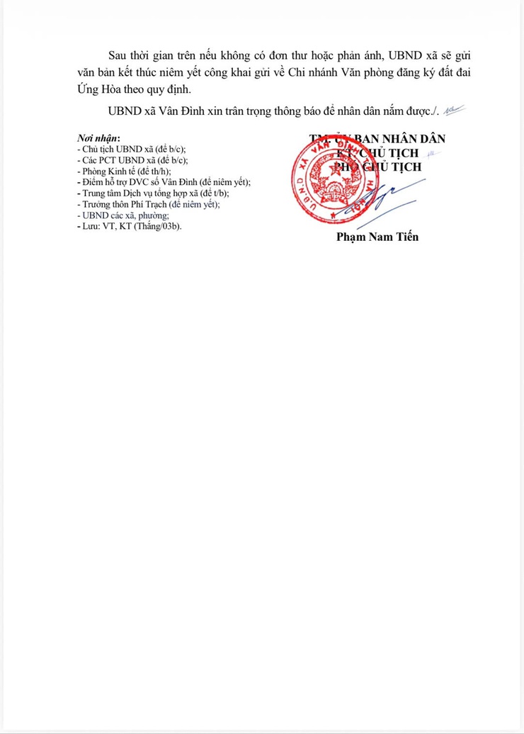 THÔNG BÁO
V/v Công khai hồ sơ mất Giấy chứng nhận quyền sử dụng đất, quyền sở hữu nhà ở và tài sản khác gắn liền với đất của ông Lê Xuân Khang, địa chỉ thửa đất tại thôn Phí Trạch- Ảnh 2.