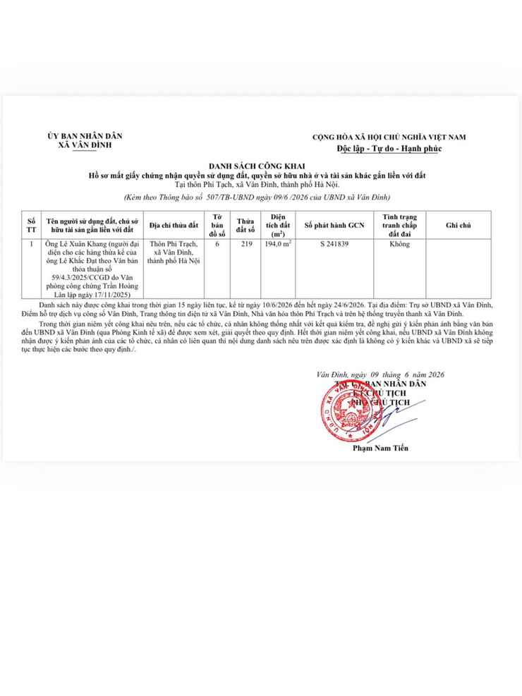 THÔNG BÁO
V/v Công khai hồ sơ mất Giấy chứng nhận quyền sử dụng đất, quyền sở hữu nhà ở và tài sản khác gắn liền với đất của ông Lê Xuân Khang, địa chỉ thửa đất tại thôn Phí Trạch- Ảnh 3.