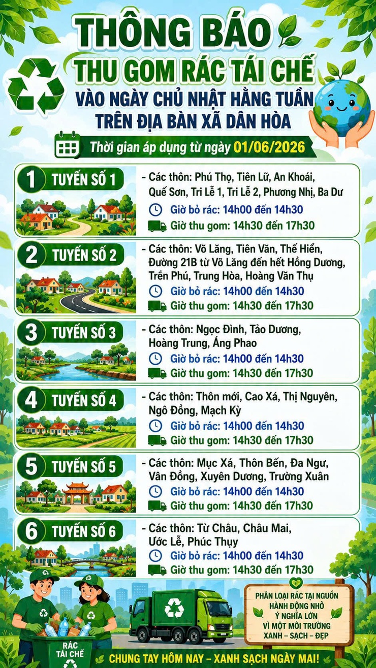 THÔNG BÁO LỊCH THU GOM RÁC THẢI SINH HOẠT & RÁC TÁI CHẾ TRÊN ĐỊA BÀN XÃ DÂN HÒA (từ ngày 01/6/2026)- Ảnh 2.