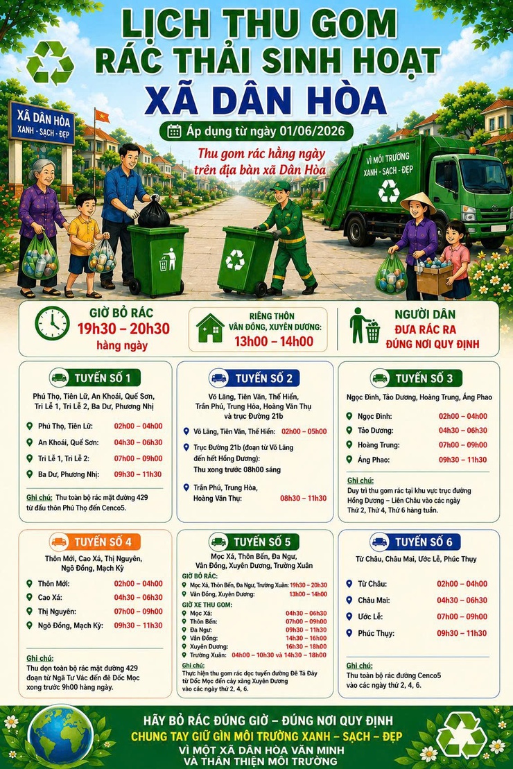 THÔNG BÁO LỊCH THU GOM RÁC THẢI SINH HOẠT & RÁC TÁI CHẾ TRÊN ĐỊA BÀN XÃ DÂN HÒA (từ ngày 01/6/2026)- Ảnh 1.