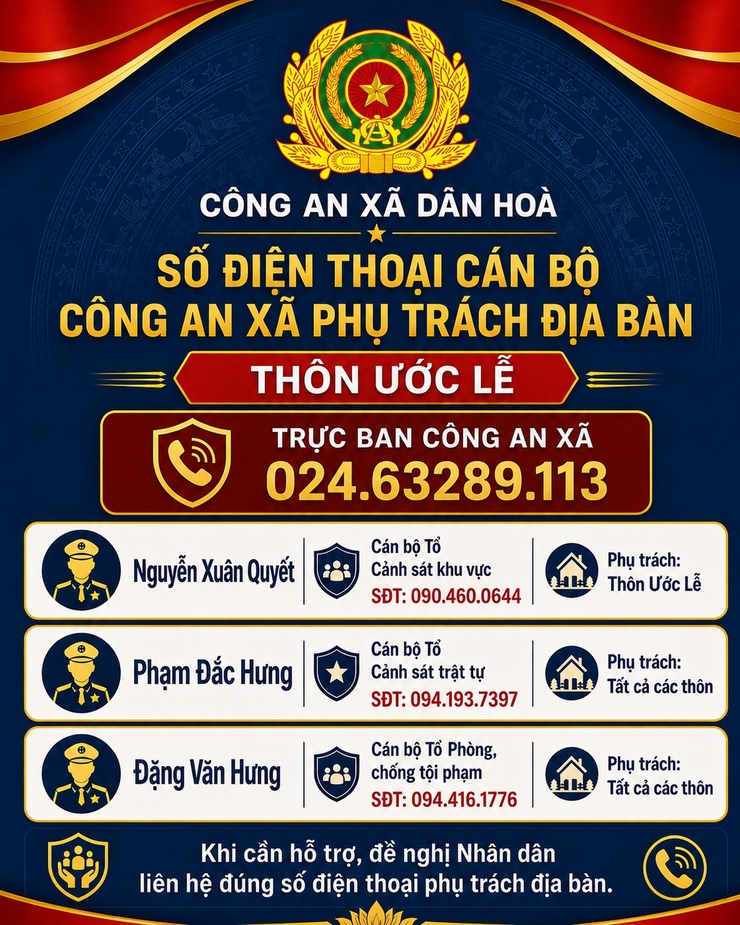 CÔNG KHAI SỐ ĐIỆN THOẠI LỰC LƯỢNG CÔNG AN XÃ TRỰC TẠI CÁC THÔN ƯỚC LỄ, TRI LỄ 1, PHÚC THUỴ, QUẾ SƠN, TRI LỄ 2- Ảnh 1.