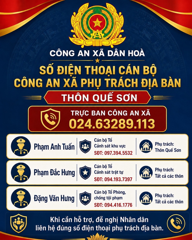 CÔNG KHAI SỐ ĐIỆN THOẠI LỰC LƯỢNG CÔNG AN XÃ TRỰC TẠI CÁC THÔN ƯỚC LỄ, TRI LỄ 1, PHÚC THUỴ, QUẾ SƠN, TRI LỄ 2- Ảnh 2.