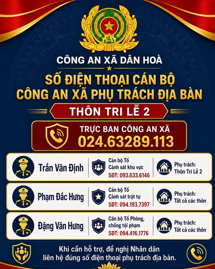 CÔNG KHAI SỐ ĐIỆN THOẠI LỰC LƯỢNG CÔNG AN XÃ TRỰC TẠI CÁC THÔN ƯỚC LỄ, TRI LỄ 1, PHÚC THUỴ, QUẾ SƠN, TRI LỄ 2- Ảnh 3.