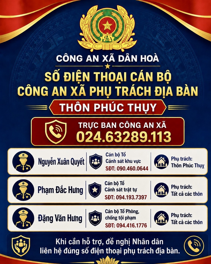 CÔNG KHAI SỐ ĐIỆN THOẠI LỰC LƯỢNG CÔNG AN XÃ TRỰC TẠI CÁC THÔN ƯỚC LỄ, TRI LỄ 1, PHÚC THUỴ, QUẾ SƠN, TRI LỄ 2- Ảnh 5.