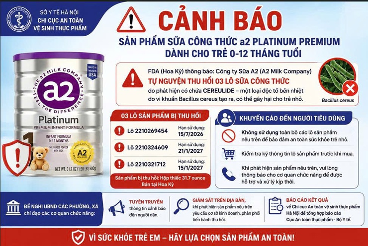 Cảnh báo về sản phẩm sữa công thức a2 Platinum Premium dành cho trẻ từ 0-12 tháng tuổi do Công ty Sữa A2 (A2 Milk Company) sản xuất.- Ảnh 1.