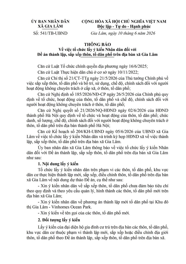 Thông báo về việc tổ chức lấy ý kiến Nhân dân đối với Đề án thành lập, sắp xếp thôn, tổ dân phố trên địa bàn xã Gia Lâm- Ảnh 1.