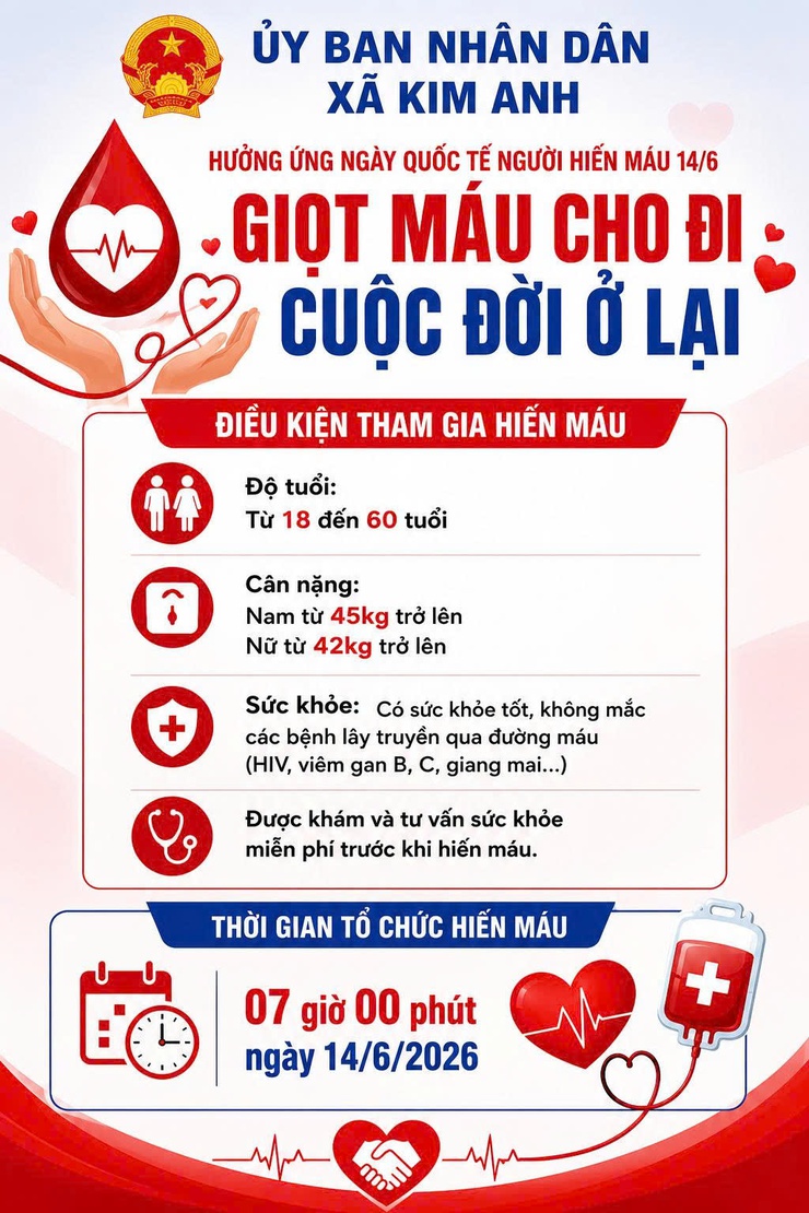 TOÀN DÂN HƯỞNG ỨNG PHONG TRÀO HIẾN MÁU TÌNH NGUYỆN XÃ KIM ANH NĂM 2026.- Ảnh 1.