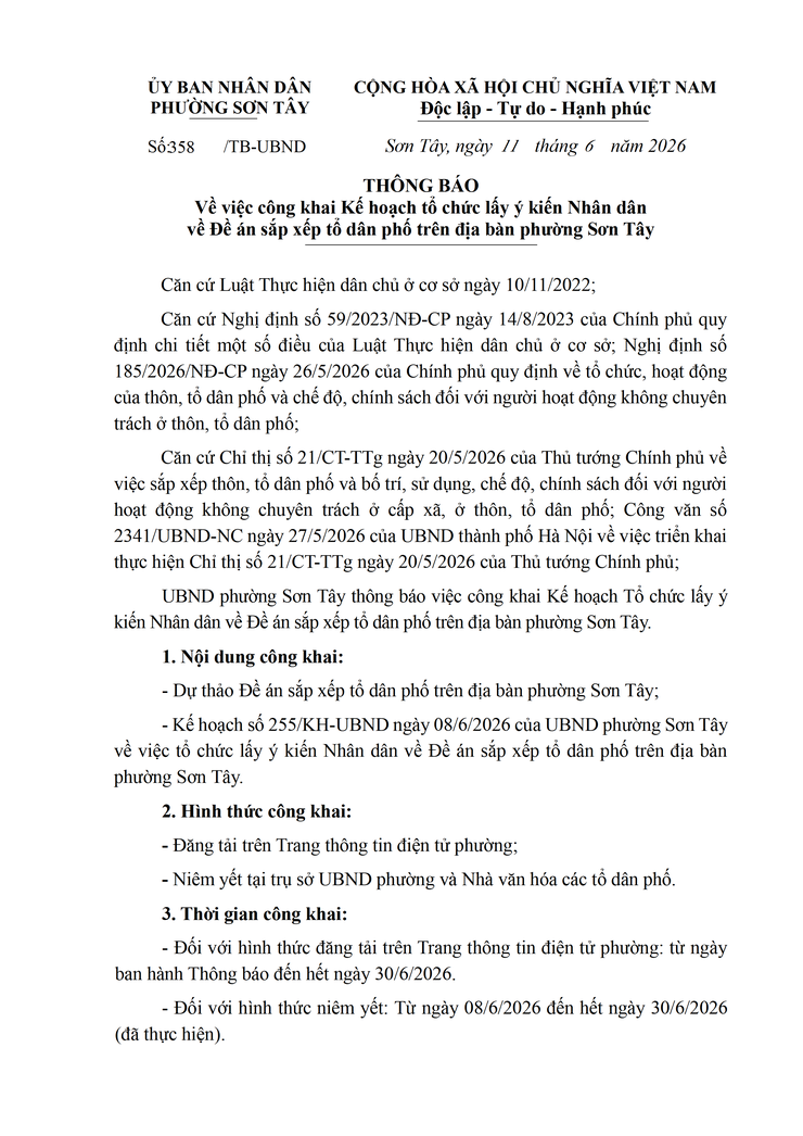 Về việc công khai Kế hoạch tổ chức lấy ý kiến Nhân dân
về Đề án sắp xếp tổ dân phố trên địa bàn phường Sơn Tây- Ảnh 1.