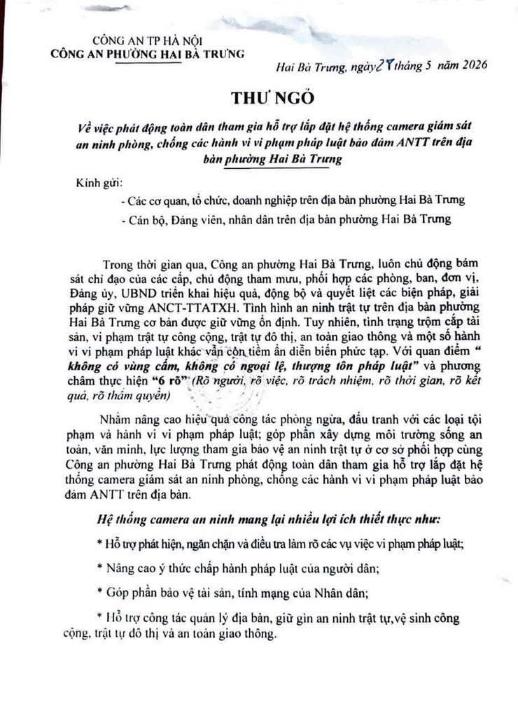 Công an phường Hai Bà Trưng: Thư ngỏ về việc phát động toàn dân tham gia hỗ trợ lắp đặt hệ thống camera giám sát an ninh phòng, chống các hành vi vi phạm pháp luật bảo đảm ANTT trên địa bàn phường Hai Bà Trưng.- Ảnh 1.