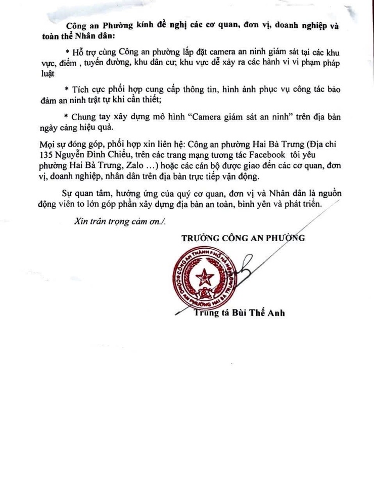 Công an phường Hai Bà Trưng: Thư ngỏ về việc phát động toàn dân tham gia hỗ trợ lắp đặt hệ thống camera giám sát an ninh phòng, chống các hành vi vi phạm pháp luật bảo đảm ANTT trên địa bàn phường Hai Bà Trưng.- Ảnh 2.
