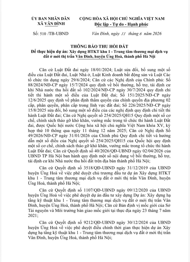 THÔNG BÁO THU HỒI ĐẤT
Để thực hiện dự án: Xây dựng HTKT khu 1 - Trung tâm thương mại dịch vụ đất ở mới thị trấn Vân Đình, huyện Ứng Hoà, thành phố Hà Nội
- Ảnh 1.