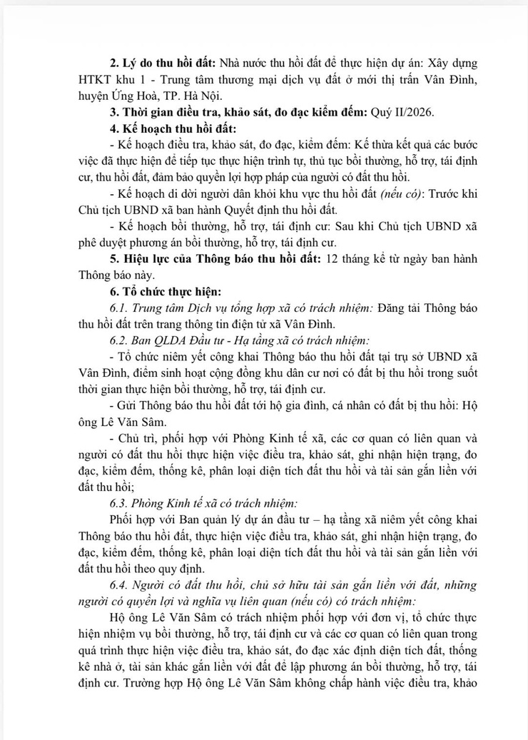 THÔNG BÁO THU HỒI ĐẤT
Để thực hiện dự án: Xây dựng HTKT khu 1 - Trung tâm thương mại dịch vụ đất ở mới thị trấn Vân Đình, huyện Ứng Hoà, thành phố Hà Nội- Ảnh 3.
