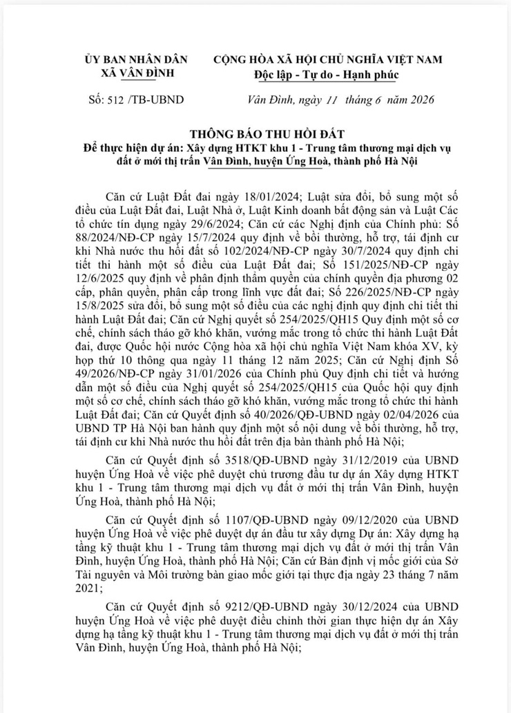 THÔNG BÁO THU HỒI ĐẤT
Để thực hiện dự án: Xây dựng HTKT khu 1 - Trung tâm thương mại dịch vụ đất ở mới thị trấn Vân Đình, huyện Ứng Hoà, thành phố Hà Nội- Ảnh 1.