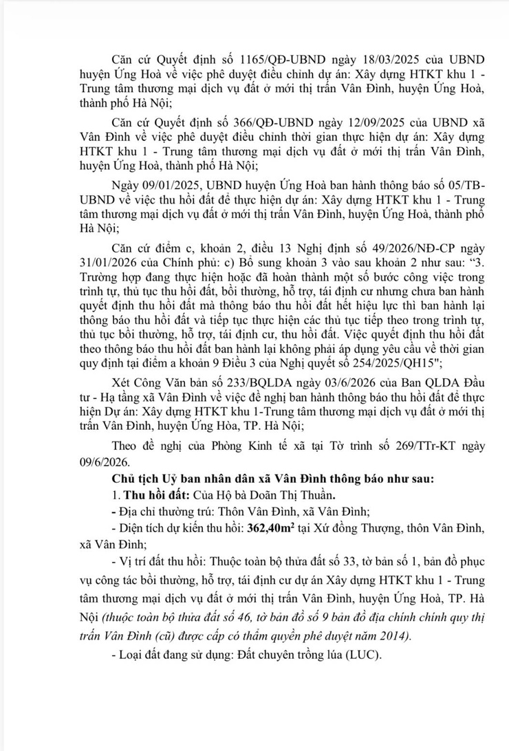 THÔNG BÁO THU HỒI ĐẤT
Để thực hiện dự án: Xây dựng HTKT khu 1 - Trung tâm thương mại dịch vụ đất ở mới thị trấn Vân Đình, huyện Ứng Hoà, thành phố Hà Nội- Ảnh 2.