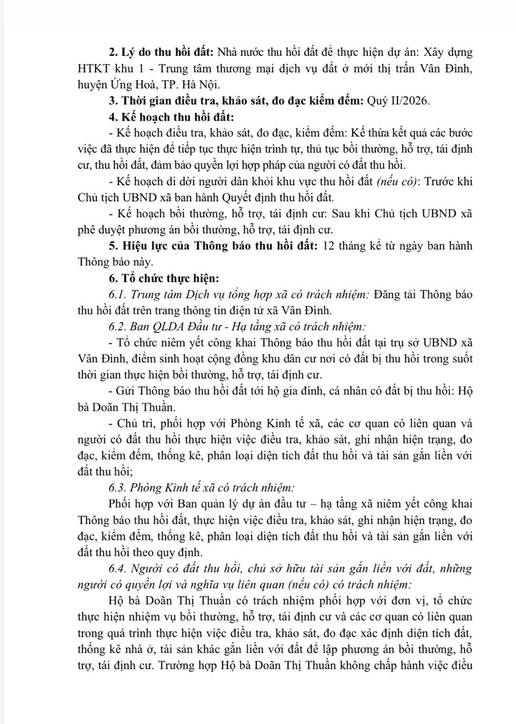 THÔNG BÁO THU HỒI ĐẤT
Để thực hiện dự án: Xây dựng HTKT khu 1 - Trung tâm thương mại dịch vụ đất ở mới thị trấn Vân Đình, huyện Ứng Hoà, thành phố Hà Nội- Ảnh 3.