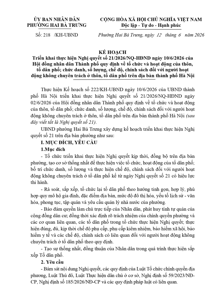 Kế hoạch triển khai thực hiện Nghị quyết số 21/2026/NQ-HĐND ngày 10/6/2026 của Hội đồng nhân dân Thành phố.- Ảnh 1.