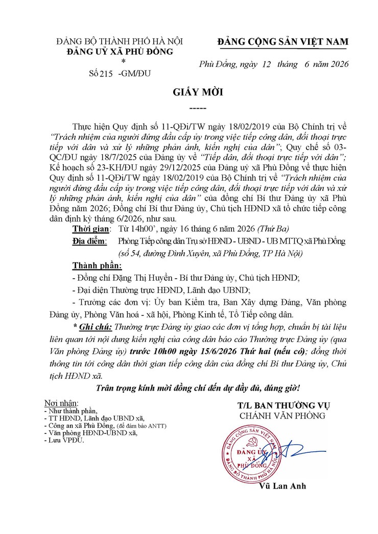 Thông báo lịch tiếp công dân của đồng chí Bí thư Đảng ủy, Chủ tịch HĐND xã Phù Đổng- Ảnh 1.
