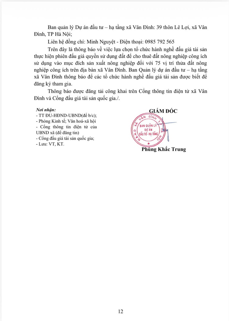 THÔNG BÁO
Về việc lựa chọn tổ chức hành nghề đấu giá tài sản quyền sử dụng đất để cho
thuê đất nông nghiệp công ích sử dụng vào mục đích sản xuất nông nghiệp đối với 75 vị trí thửa đất nông nghiệp công ích- Ảnh 12.