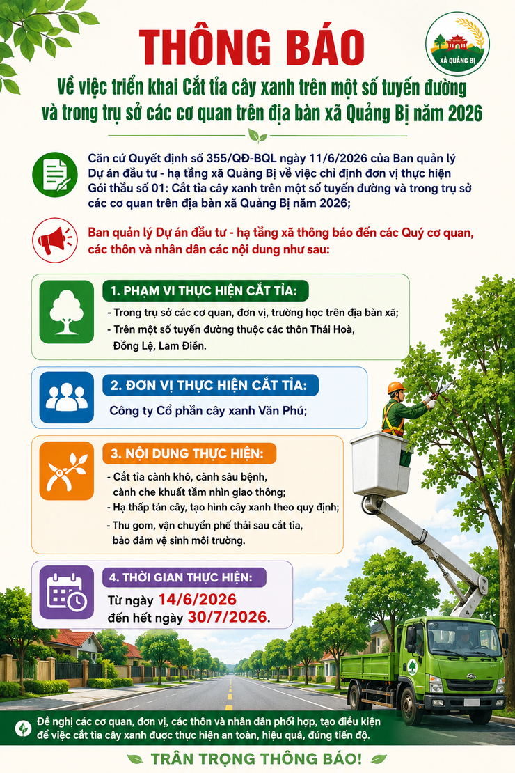 Thông báo Cắt tỉa cây xanh trên một số tuyến đường và trong trụ sở các cơ quan trên địa bàn xã Quảng Bị năm 2026- Ảnh 1.