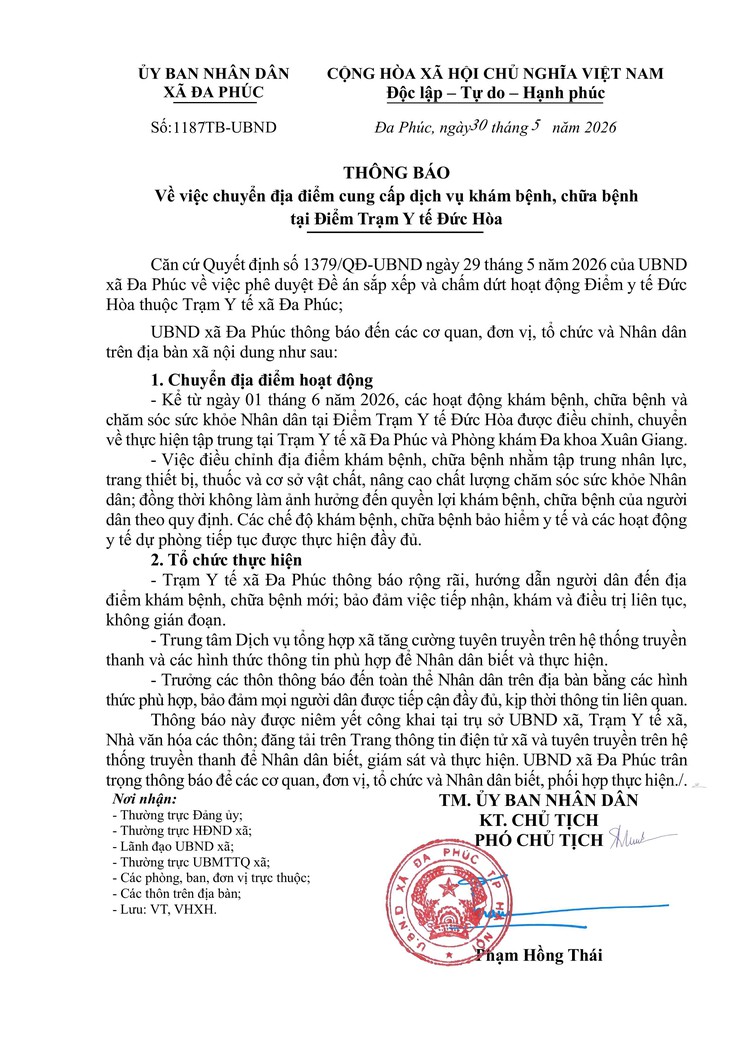 Thông báo chuyển địa điểm cung cấp dịch vụ khám bệnh, chữa bệnh tại Điểm trạm y tế Đức Hòa- Ảnh 1.