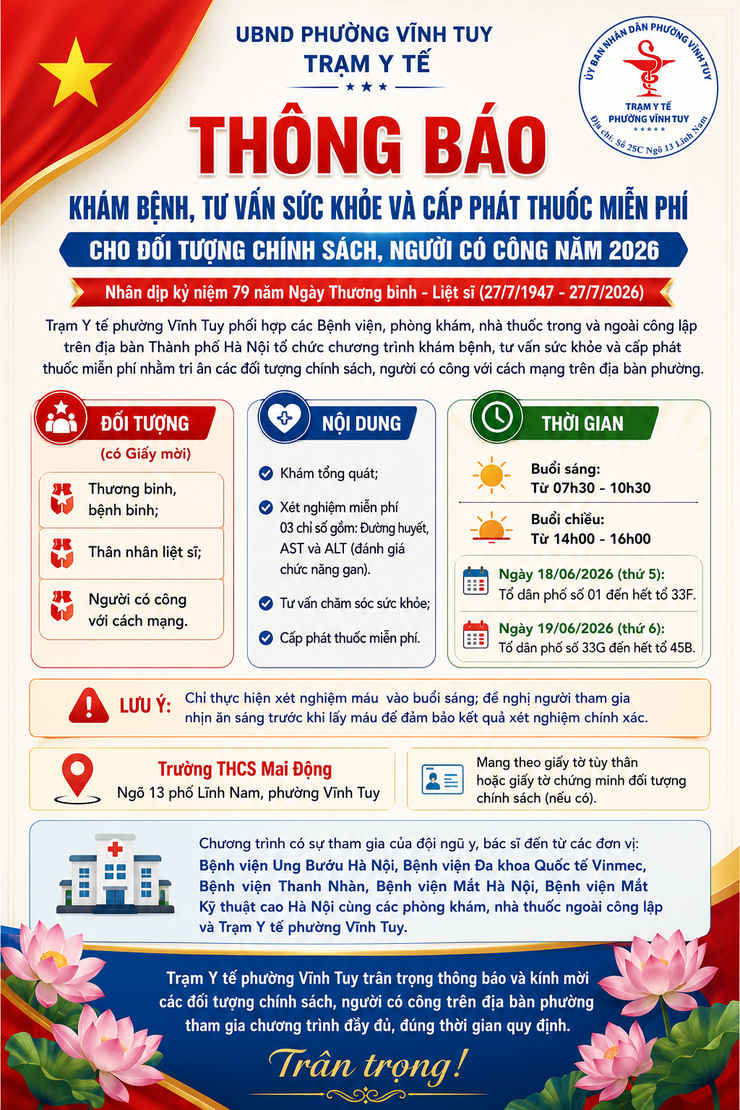 THÔNG BÁO
KHÁM BỆNH, TƯ VẤN SỨC KHỎE VÀ CẤP PHÁT THUỐC MIỄN PHÍ CHO ĐỐI TƯỢNG CHÍNH SÁCH, NGƯỜI CÓ CÔNG NĂM 2026- Ảnh 1.